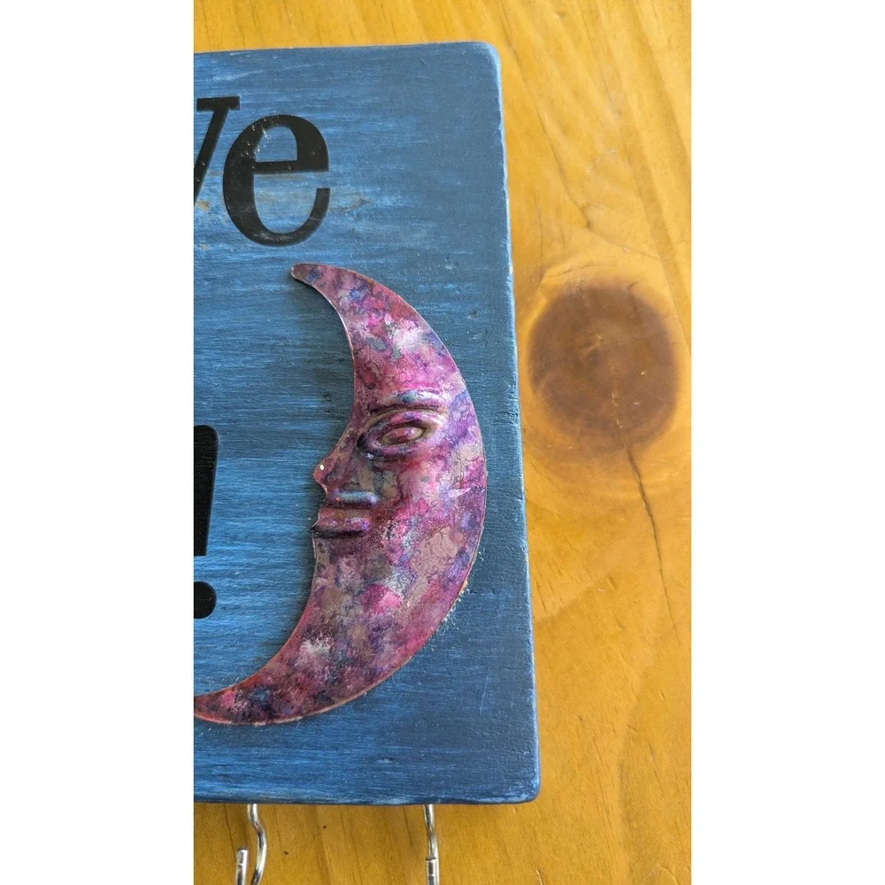 Handmade Celestial Believe in the Magic Wood Wall Key Hook Plaque Moon Stars‎